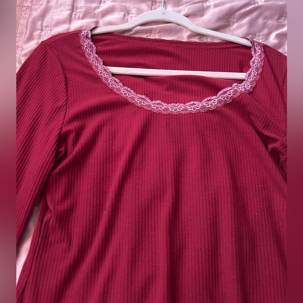 Ribbed Red Long Sleeve Blouse with Lace Trim